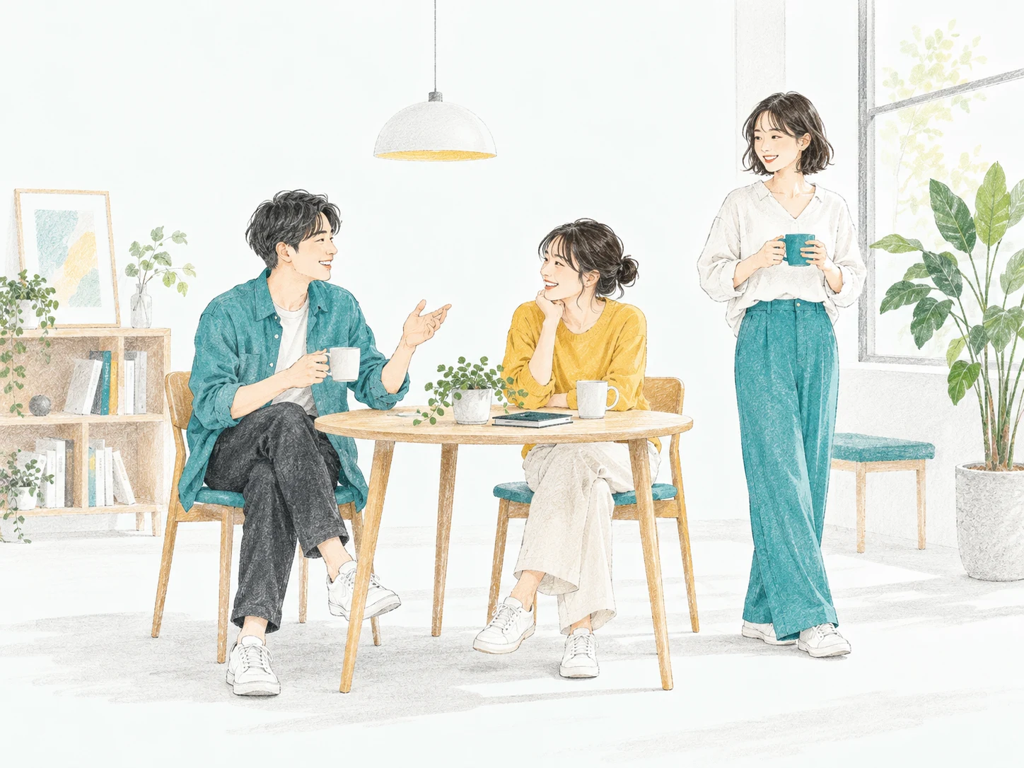 明るい窓辺の職場で、リラックスして会話をする人たち